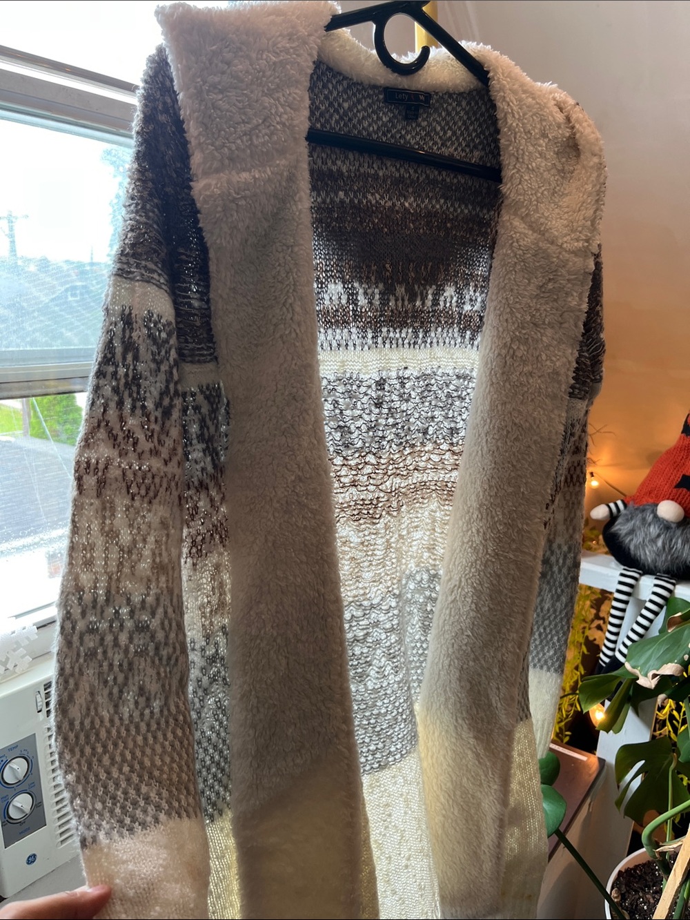Hooded Knit Cardigan with Sherpa Trim - Cream & Brown